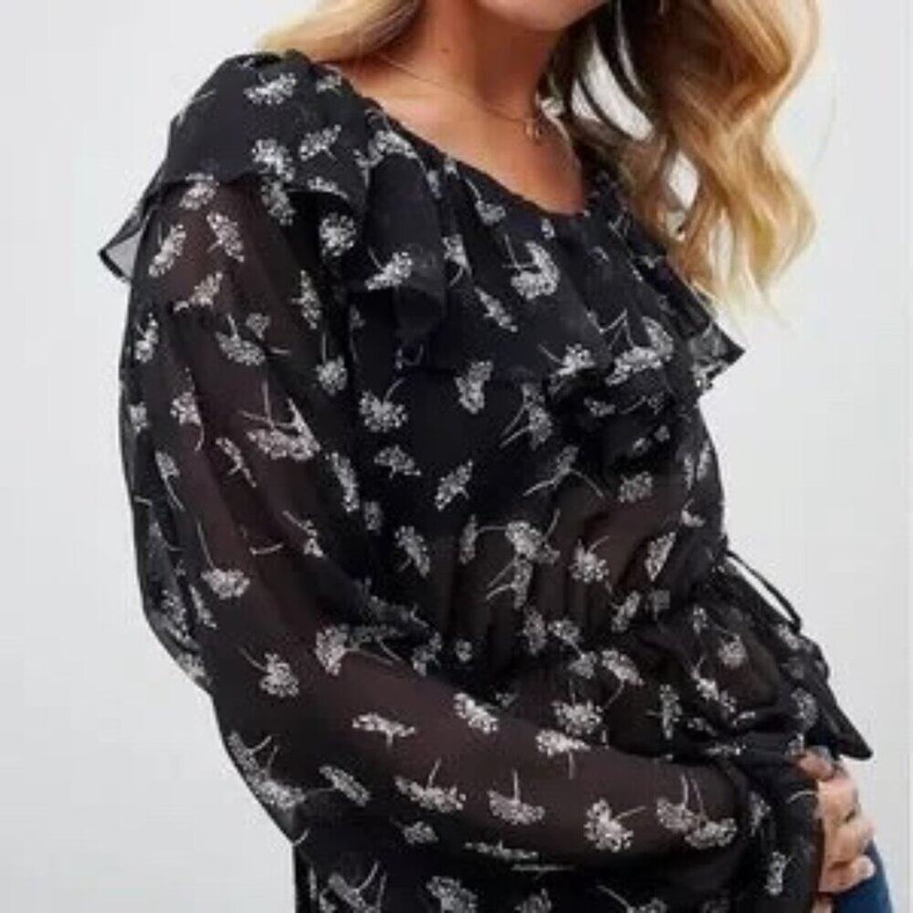 ASOS Design Long Sleeve Ruffle V Neck Top in floral print
